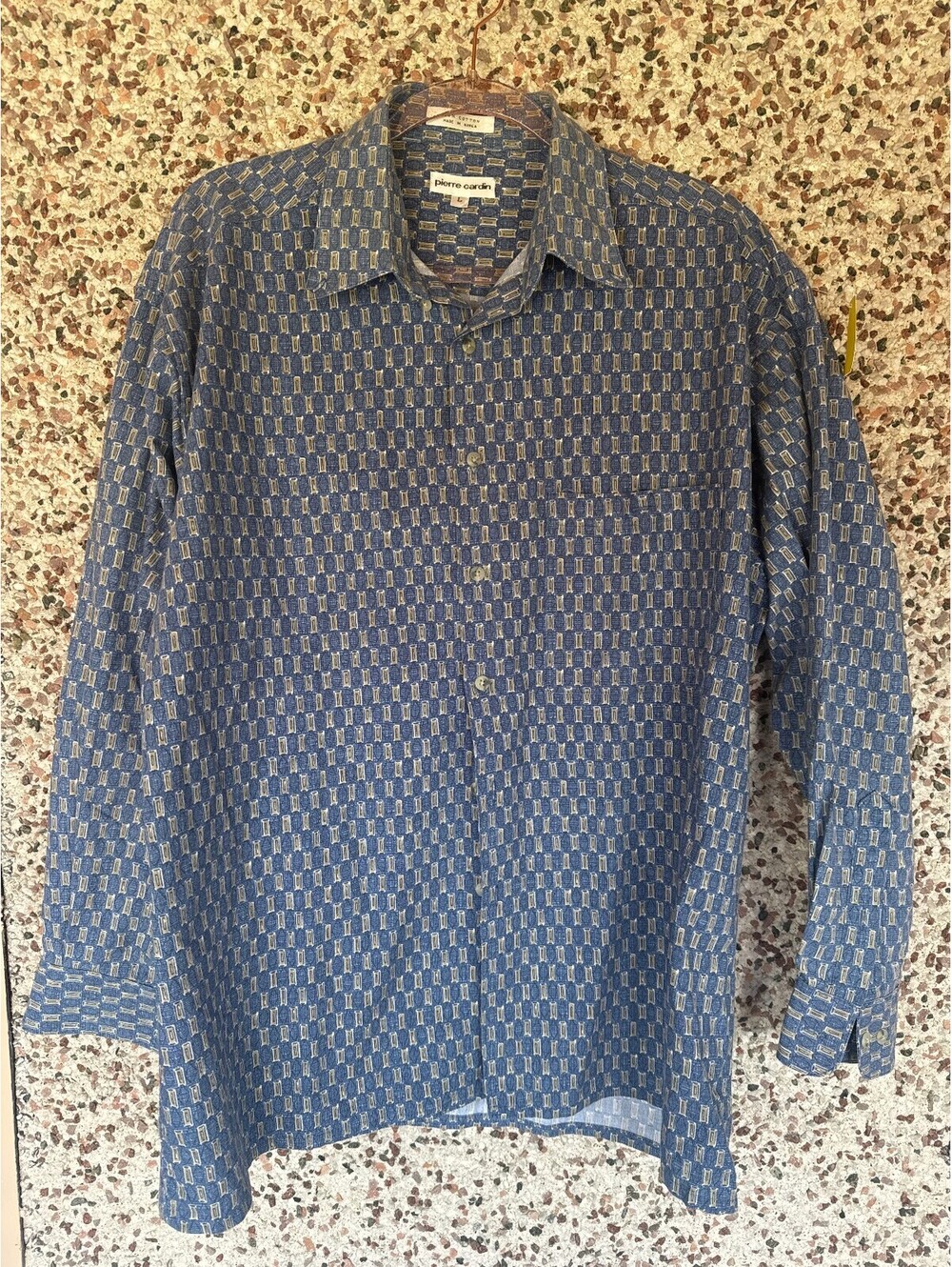 Vintage Pierre Cardin Mens Shirt Size L Blue Tan Geometric Print 100% Cotton